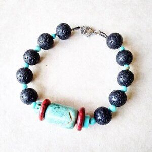 Uniquely Handmade! Red + Turquoise Howlite + Black Lava Rock Bracelet! 6.5-7"
